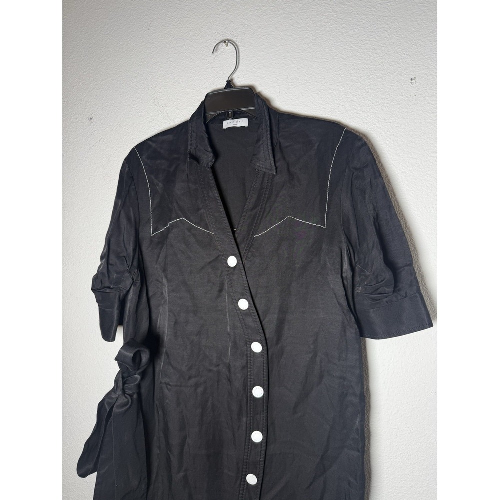 Sandro Paris Kunga Women's‎ Black Snap Front Viscose Linen Dress Size 40/LG - Picture 3 of 13